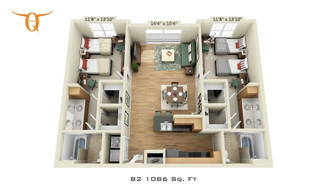 2 bedroom 2 bathroom Double Occupancy-B2 Shared floor plan